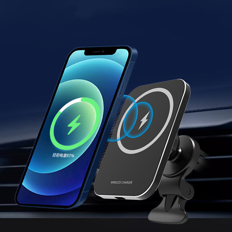 Magnetic wireless charging car phone holder on dashboard