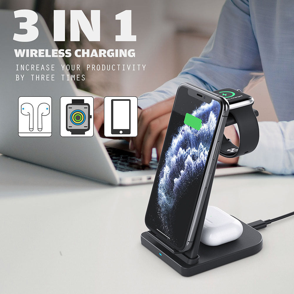 3-in-1 wireless charging station for phone, watch, and earbuds