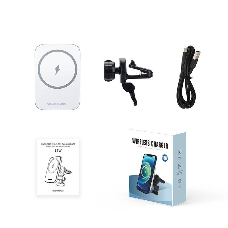 Magnetic wireless charging car phone holder on dashboard

