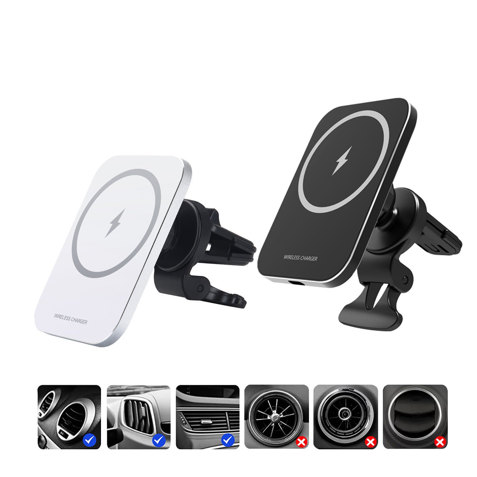 Magnetic wireless charging car phone holder on dashboard

