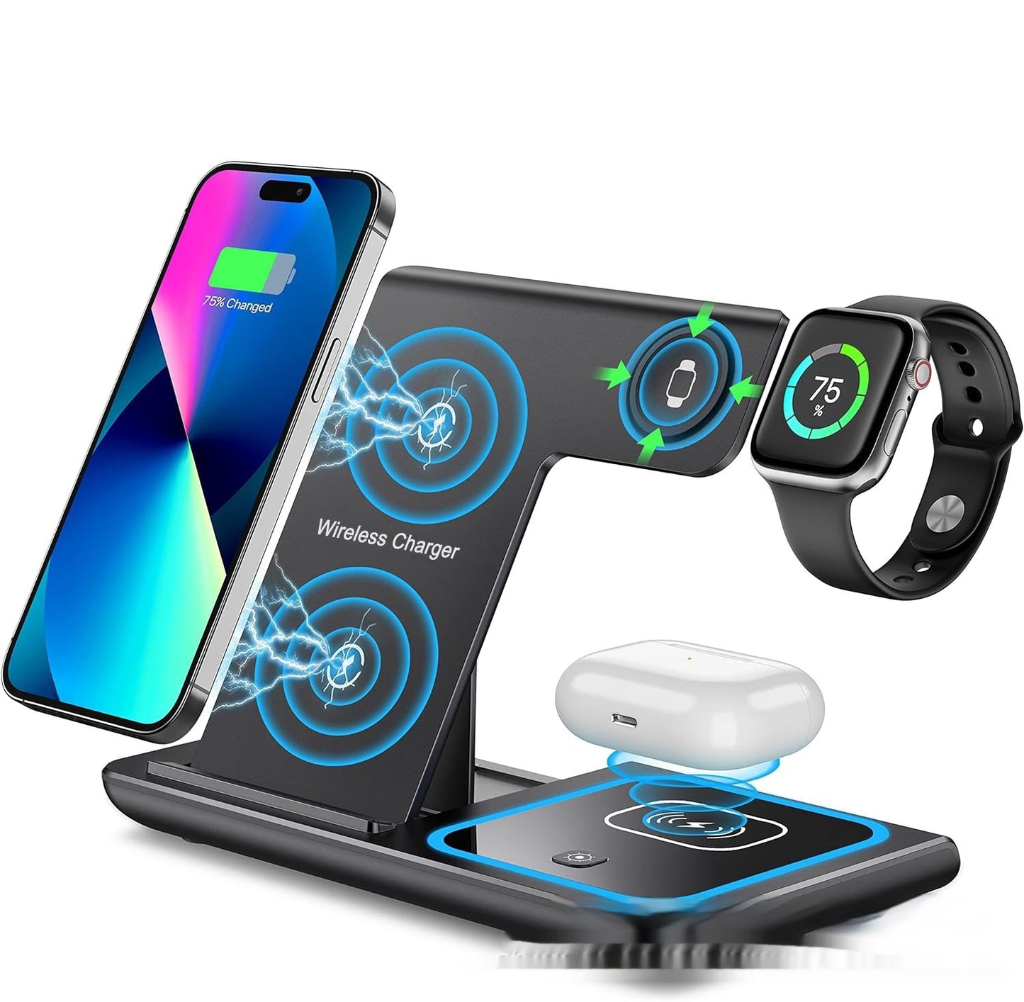 Foldable four-in-one wireless charger on desk

